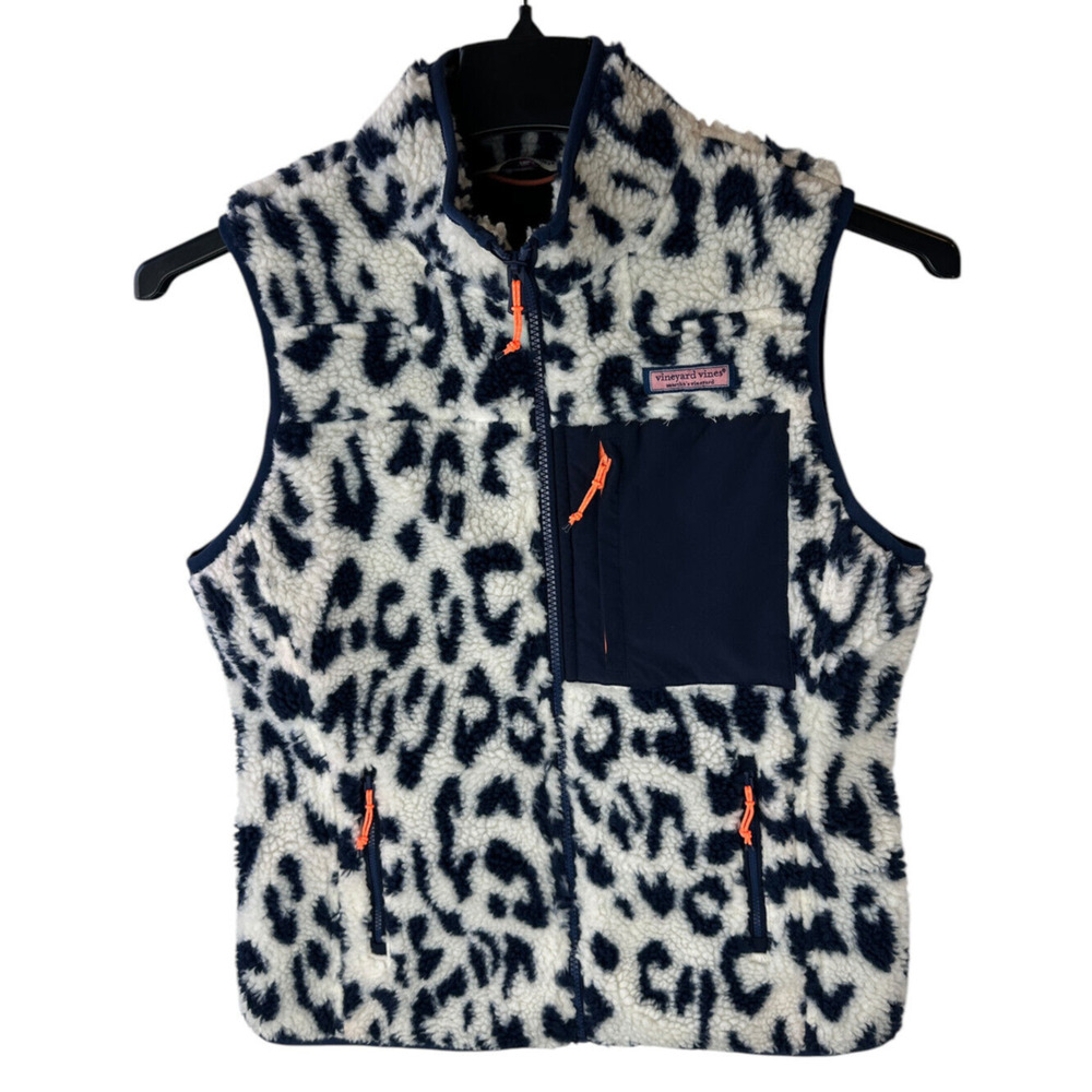 Vineyard Vines Leopard Print Mixed Media Sherpa Vest Supershep Women's Size XS - Picture 8 of 13